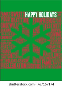 Happy Holidays word cloud on a green background. 