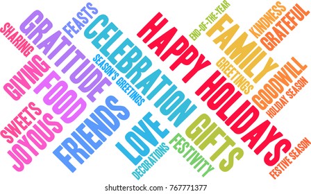 Happy Holidays word cloud on a white background.