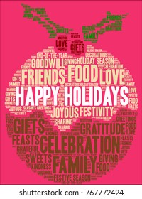Happy Holidays word cloud on a red background. 