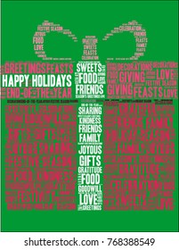 Happy Holidays word cloud on a green background. 