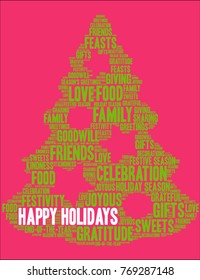 Happy Holidays word cloud on a red background. 