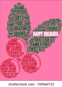 Happy Holidays word cloud on a red background. 