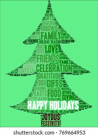 Happy Holidays word cloud on a green background. 