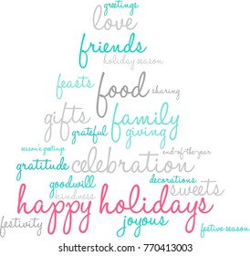 Happy Holidays word cloud on a black background. 