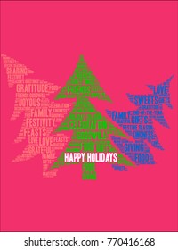Happy Holidays word cloud on a red background. 