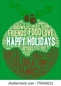 Happy Holidays word cloud on a green background. 