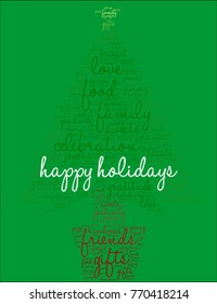Happy Holidays word cloud on a green background. 