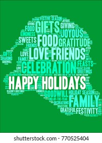 Happy Holidays word cloud on a green background. 