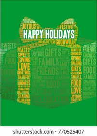 Happy Holidays word cloud on a green background. 