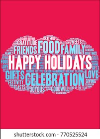 Happy Holidays word cloud on a red background. 