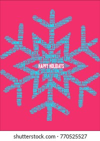Happy Holidays word cloud on a red background. 
