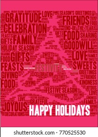 Happy Holidays word cloud on a red background. 