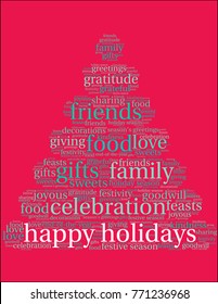 Happy Holidays word cloud on a red background. 