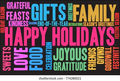 Happy Holidays word cloud on a black background. 