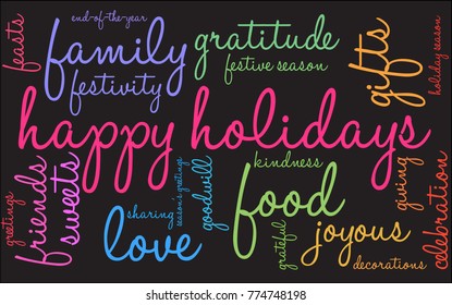 Happy Holidays word cloud on a black background. 