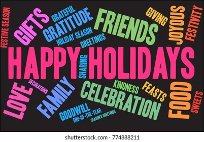 Happy Holidays word cloud on a black background. 