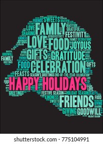 Happy Holidays word cloud on a black background. 