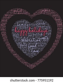 Happy Holidays word cloud on a black background. 
