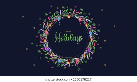 Happy Holidays wreath greeting card template. Winter season. Vector illustration