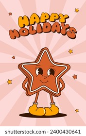Happy Holidays Xmas card. Groovy 70s Christmas card. Cute gingerbread star. Festive greeting card, print, invitation, poster, banner, background.
