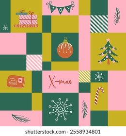 Happy holidays Y2K geometric seamless pattern. Cute vintage Christmas background. Mosaic grid retro 2000s style Xmas print. Flat style vector illustration. 