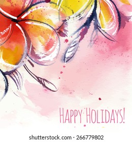 happy holidays/ yellow rose bush frangipani on a white background/ plumeria/ watercolor painting/ vector illustration