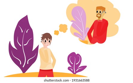 Happy holidays. A young man who is calling with his friend.  Vector flat shaping illustration for content  Communication, Chat, Calling, Communication, Daily Lifestyle, Vacation, happiness, relaxation