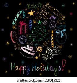 Happy Holidays!Hand Drawn Colorful Doodle Holiday Set with Candies,Gifts,Candle,Fir Trees,Angel and Snowflakes. Children Cute Drawings Arranged in a Circle on Black.Perfect for festive design.Vector.