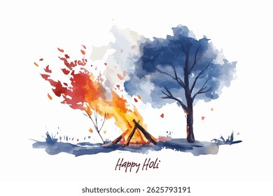 Happy Holi!Happy holika dahan!happy new year!Lag BaOmer，Bonfire and colorful smoke, watercolor painting
