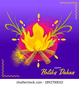 Happy Holika Dahan Celebration Concept With Bonfire, Wheat Ears, Sugarcane On Violet Background.