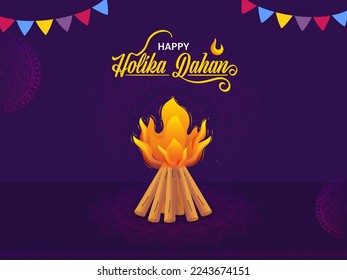 Happy Holika Dahan Celebration Concept With Bonfire Illustration And Bunting Flags Decorated On Purple Mandala Background.