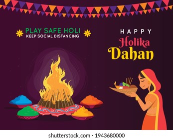 Happy holika dahan illustration With play safe holi and keep social distancing