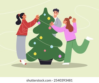 Happy Hollidays Concept. People Decorate the Christmas Tree. Colleagues or Friends Preparing for Holiday Celebration Office or Home. Vector Illustration.