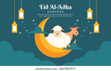 Happy Holy Eid Al Adha Mubarak Cute Banner Cartoon Doodle Illustration