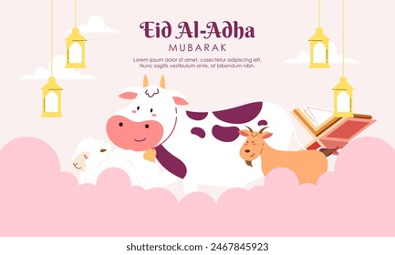 Happy Holy Eid Al Adha Mubarak Cute Banner Cartoon Doodle Illustration