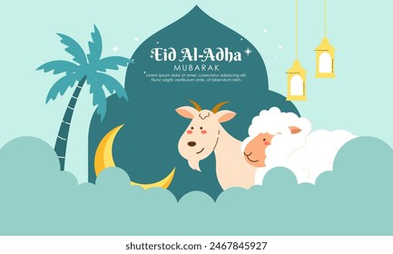 Happy Holy Eid Al Adha Mubarak Cute Banner Cartoon Doodle Illustration