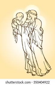 Happy Holy Family-Sketch style sepia of Jesus birth