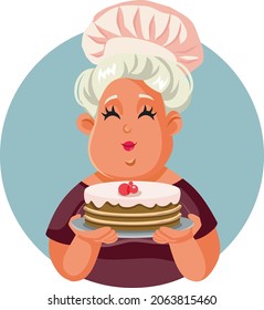 Happy Home Cook Woman Holding a Cake Vector Cartoon

Smiling grandmother presenting a homemade dessert on a plate

