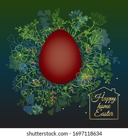 Happy home Easter - greeting vector card, Traditional colored egg, floral, grass wreath, golden line drawn house.  Social distancing holiday celebration during coronavirus quarantin or lockdown