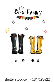 Happy home family 2 two person concept. Different colors wellies collection. Rubber boots autumn fall concept. Vector illustration in watercolor style. Decoration family card and poster background.
