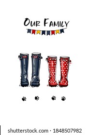 Happy home family 2 two person concept. Different colors wellies collection. Rubber boots autumn fall concept. Vector illustration in watercolor style. Decoration family card and poster background.