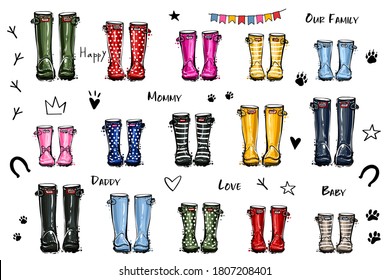 Happy home family concept. Different colors wellies collection. Rubber boots autumn fall concept. Vector illustration in watercolor style. Decoration family card on white background.