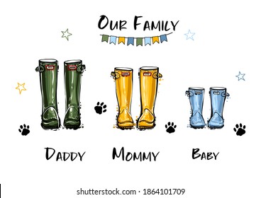 Happy Home Family Concept. Different Colors Wellies Collection. Rubber Boots Autumn Fall Concept. Vector Illustration In Watercolor Style. Decoration Family Card And Poster On White Background.