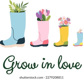 Happy home family concept. Different colors wellies collection. Rubber boots autumn fall concept. Vector illustration. Decoration family card, template with text - grow in love- on white background.