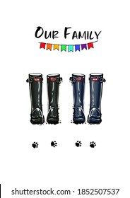 Contexto de la familia gay en casa de 2 personas. Colección de wellies de dos colores diferentes. Las botas de goma gay adoptan el concepto. Ilustración vectorial en el estilo acuarela. Decoración de la tarjeta familiar y fondo de póster.