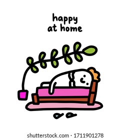 Happy at home hand drawn vector illustration in cartoon comic style man laying on bad interior