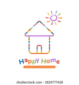 Happy Home Logo. Colorful Home And Sun Outline Logo Style. Flat Vector Logo Design Isolated On Background. Usable For Daycare, Hospital And Shop Logo.