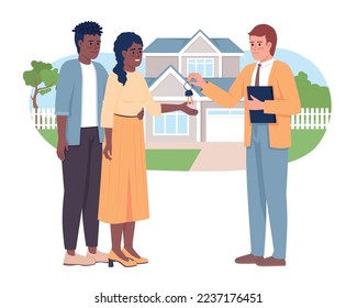 Felices propietarios de casas 2D vector ilustración aislada. Comprando bienes raíces. Compra de caracteres planos de propiedad sobre el fondo de la caricatura. Colorida escena editable para móvil, sitio web, presentación