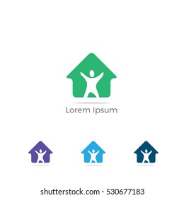 Happy home real estate construction building company vector logo icon, people home, apartment for students, hostel logo