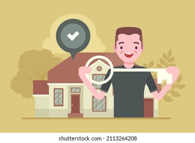 Happy homeowner, young man with a key, owns the house. Moving to first apartment, approved loan mortgage tick mark, student renting home alone, property ownership dream. Vector illustration